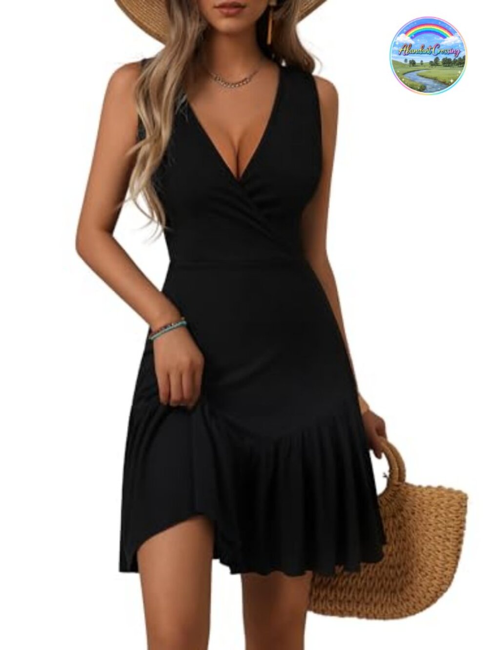 Sleeveless Faux Wrap V Neck Ruffle Hem Mini Dress